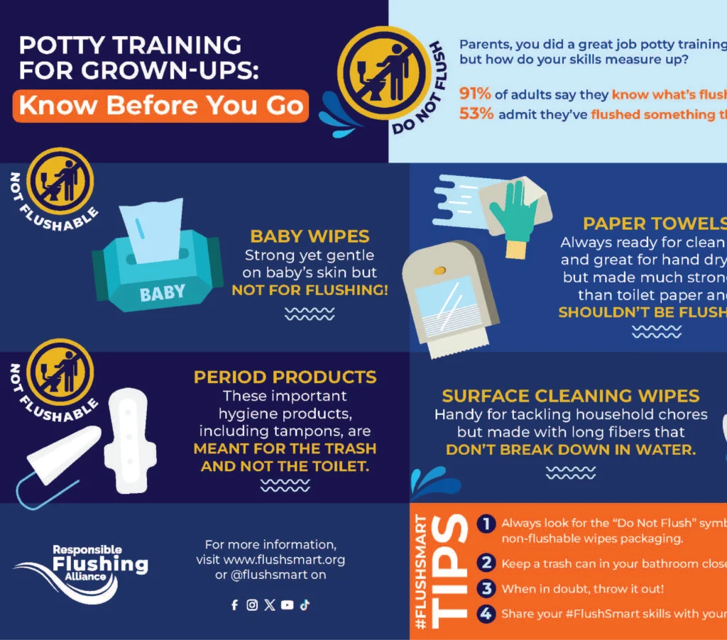 Learning what is and what is not flushable, clorox wipes flushing, baby wipes flushing, makeup remover flushing, paper towel flushing all at flushsmart.org