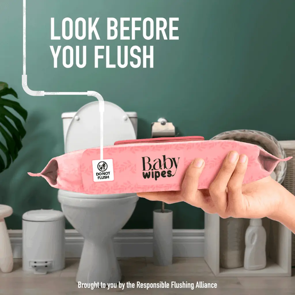 Look before you flush, how to know if baby wipes are flushable, look for the logo!