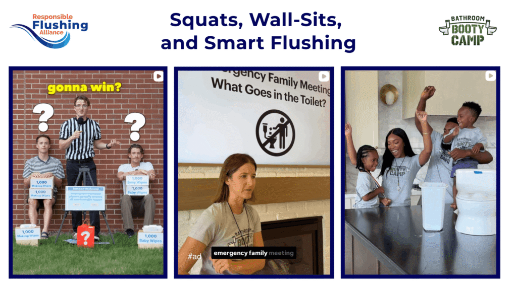 Squats, Wall-sits, and Smart Flushing with three images of family's testing their flushing knowledge